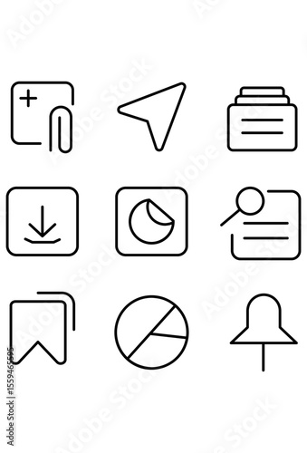 These outline icons represent common digital functions like adding, sending, downloading, and search icon

