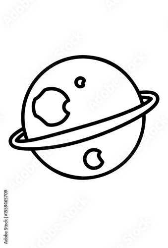 Line art icon of a ringed planet with craters.
Simple drawing: planet, rings, and lunar surface features.
Outline graphic of a celestial body, complete with rings.
