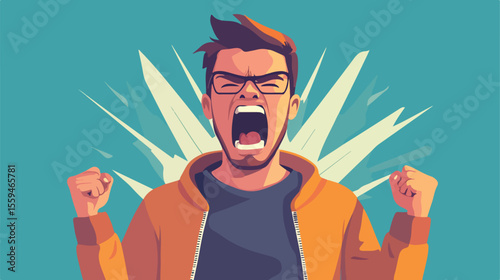 Frustrated Angry Man Yelling in Flat Vector Illustration