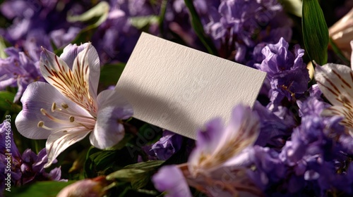 A blank white card rests among vibrant purple and white flowers, creating a serene and elegant natural setting.
