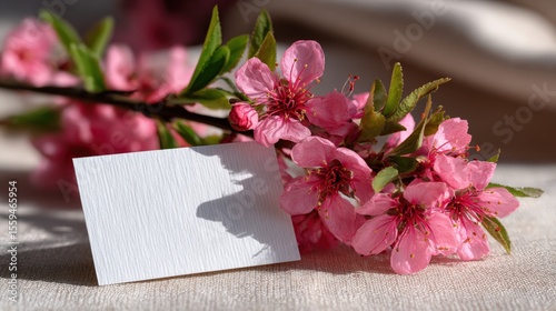 Pink cherry blossoms with green leaves and a blank white card on a textured beige surface, illuminated by gentle sunlight.