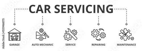 Car servicing banner vector illustration concept with icon of garage, auto mechanic, service, repairing and maintenance