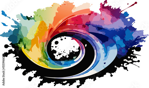 Abstract artwork composed of colorful ink splashes. The image features a swirling pattern of vibrant colors and paint spatters