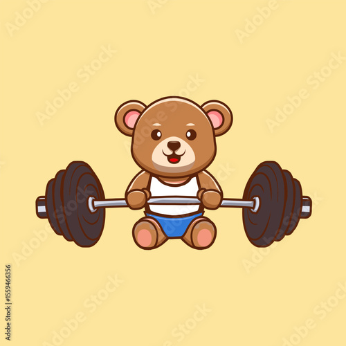 Cartoon bear lifting a barbell. The bear is wearing a tank top and shorts, exercising.