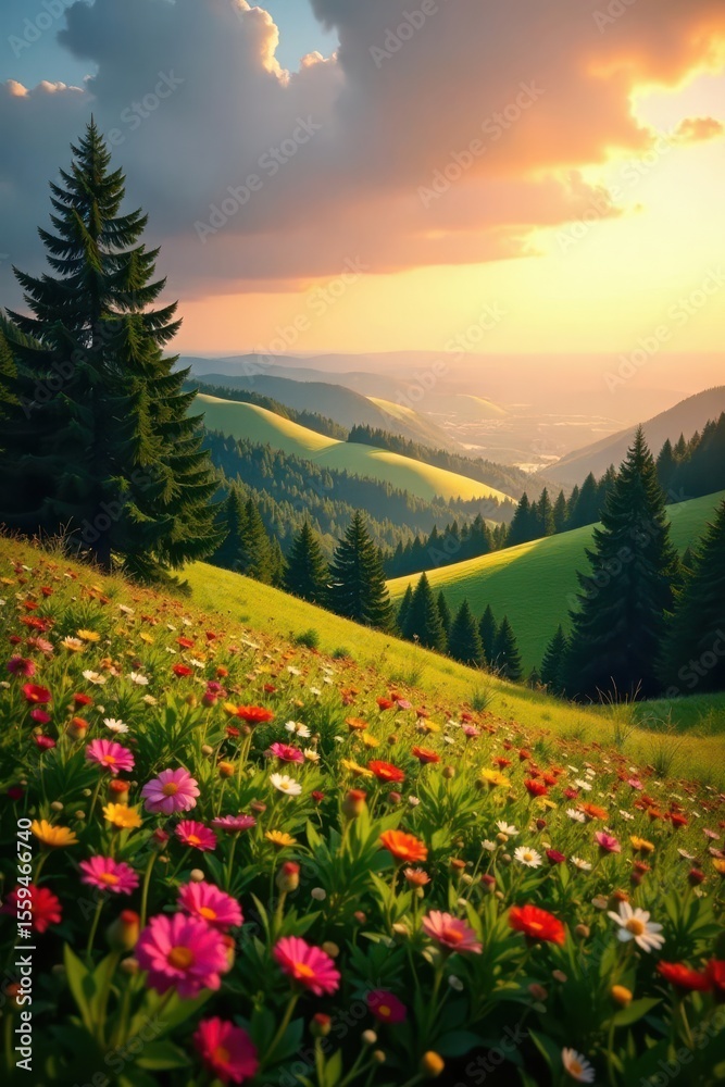 Fototapeta premium Golden hour illuminates rolling hills, towering trees, wildflowers bloom, heat, wildlife