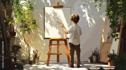 Talented Young Artist Boy Painting on Board - Flat Vector Illustration