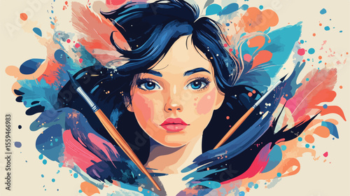Professional Artist Girl Painting on Canvas Flat Vector Illustration