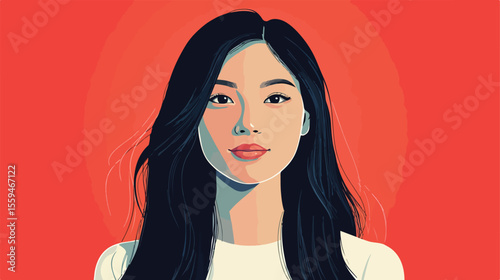 Smiling Asian Woman Portrait in Flat Vector Illustration