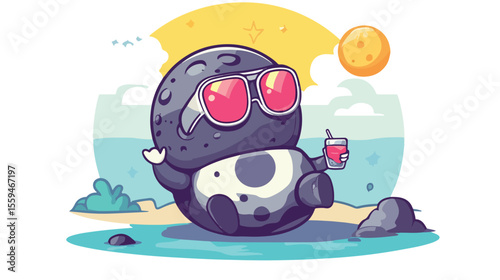 Cheerful Asteroid Mascot Enjoying Vacation in Flat Vector Illustration