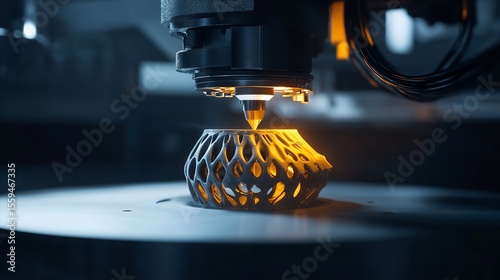 High-Precision 3D Printer Creating an Intricate Geometric Object in a Modern Industrial Setting