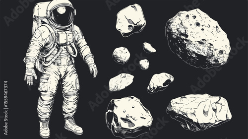 Astronaut Drawn with Asteroid - Flat Vector Illustration