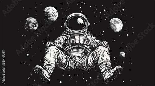 Astronaut Floating with Planets Flat Vector Illustration