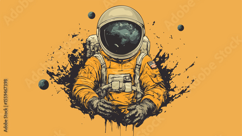 Space Astronaut Drawing with Planets Vector Illustration
