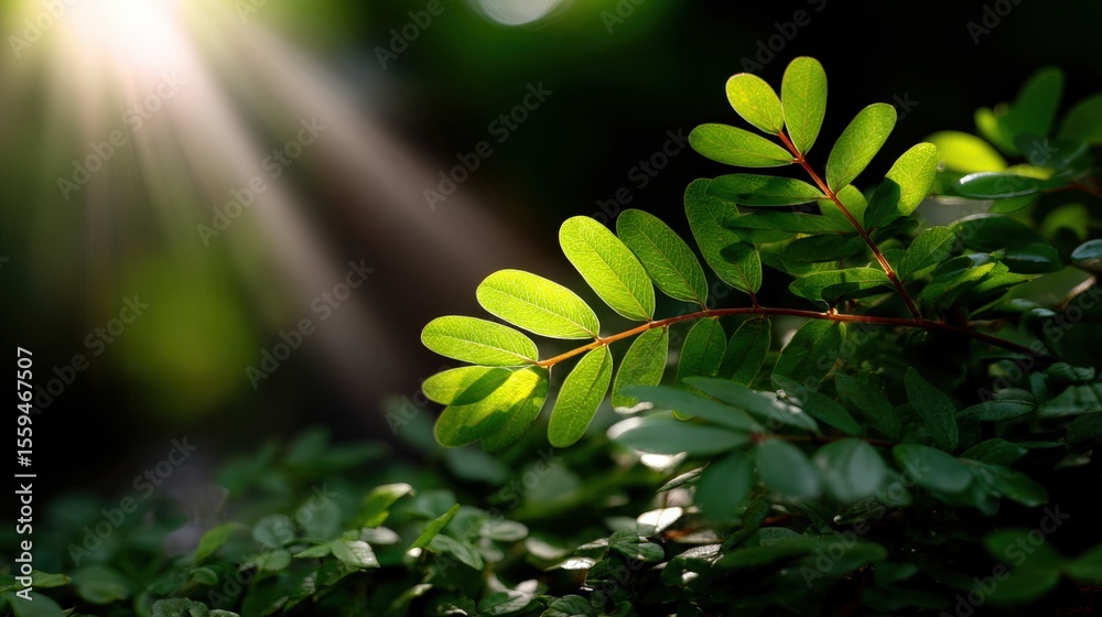 Obraz premium Sunlight filters through lush green leaves, creating a serene and vibrant natural scene in a forest setting.
