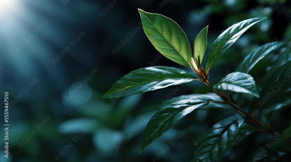 Obraz premium Sunlight illuminates vibrant green leaves against a dark, blurred background, highlighting the delicate veins and natural beauty of the foliage.