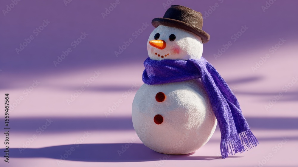 Obraz premium A cheerful snowman with a purple scarf and hat stands against a pink background, casting a soft shadow in the winter sunlight.