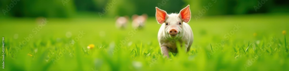 Fototapeta premium Happy pig in lush green field, other pigs in distance , playful, vibrant, livestock