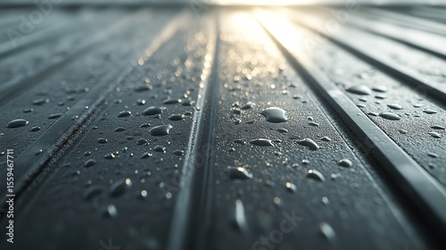 Raindrops on dark corrugated metal roofing. Glossy water beads forming patterns on the roof surface.