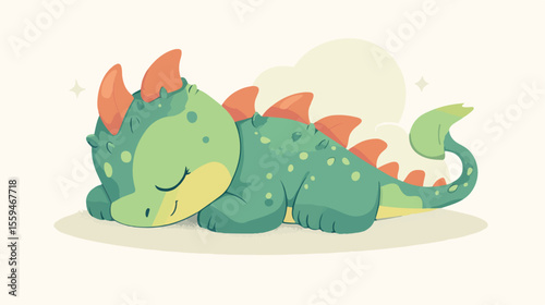 Adorable Tired Baby Dragon Asleep - Vector Illustration