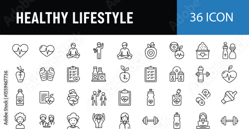 Healthy Lifestyle: Essential Black Line Icons Set