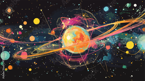 Atomic Structure with Star Elements Flat Vector Graphic