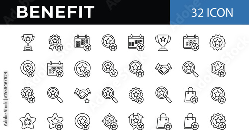 Benefit & Rewards: 30 Minimalist Black Line Icons Set