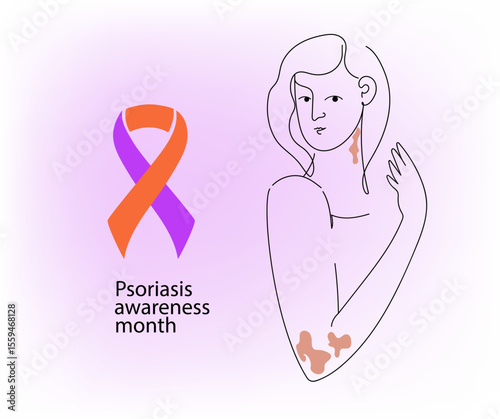 Psoriasis awareness month concept with woman having skin patches. Health month. Global skin disorder awareness. International disease concept.Linear  png vector illustration.