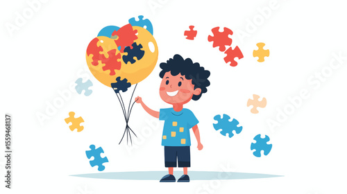 Autistic Boy playing with Puzzles and Balloon in Flat Vector Illustration