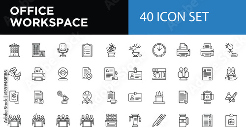 Office Workspace: Essential Black Line Icons Set