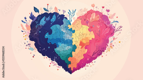 Autism Puzzle Heart Shaped Flat Vector Illustration