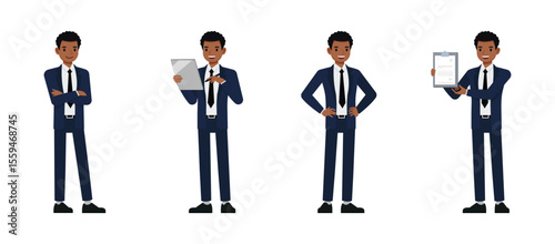 Businessman in Blue Suit Working in Office – Flat Vector Character Set in Various Poses.