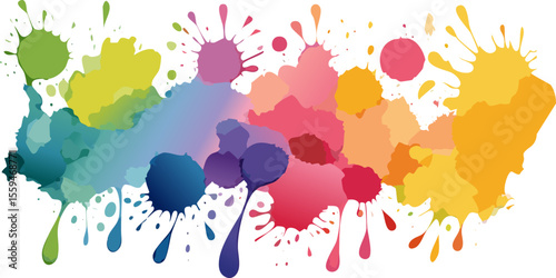 Colorful and vibrant paint splatters that create a creative and artistic effect. The paint splatters are in various colors and sizes. The effect is eye-catching, representing artistic expression.