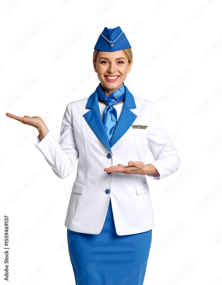 A friendly flight attendant in uniform, gesturing with a welcoming smile on a white backdrop, isolated on transparent background A friendly flight attendant in uniform, gesturing with a welcoming smile on a white backdrop, isolated on transparent background