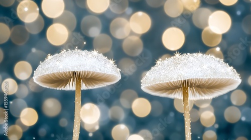 Enchanted glistening fungi with sparkling lights in a mystical forest setting