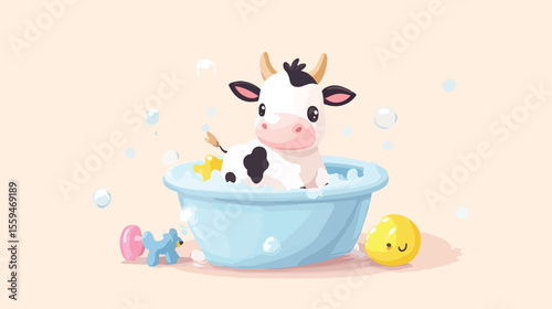 Adorable Baby Cow Playing in a Cute Blue Tub