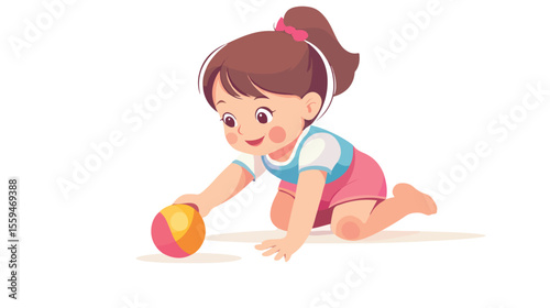 Adorable Baby Girl Playing with Colorful Ball Toy in Flat Vector Illustration