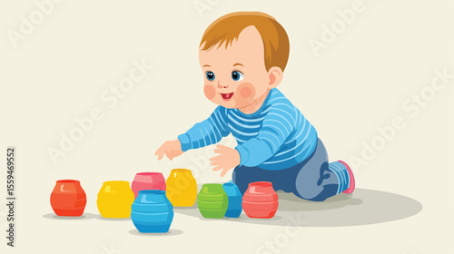 Cute Baby Playing with Colorful Plastic Toy in Flat Vector Illustration