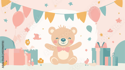 Adorable Baby Shower Card Design with Cute Bear and Delicate Decorations