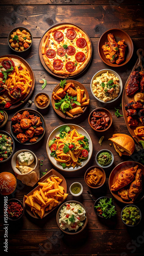 Flat lay of various comfort foods including pizza, wings, pasta, fries, dips, sliders, and sides arranged on dark wood surface.  