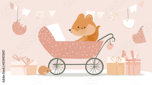 Adorable Baby Shower Squirrel in Pram Decoration Flat Image