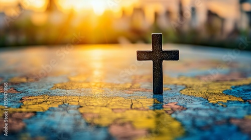 A black cross stands on a map as the sun sets, symbolizing faith and exploration.