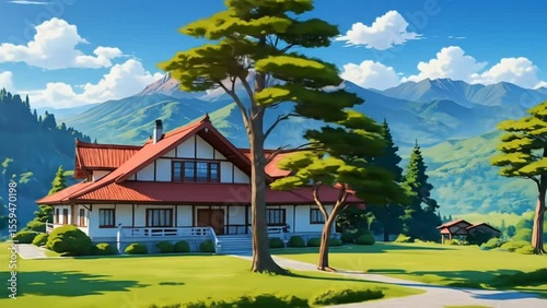Traditional red-roofed countryside house surrounded by pine trees and mountains in sunny green valley. Nature concept
