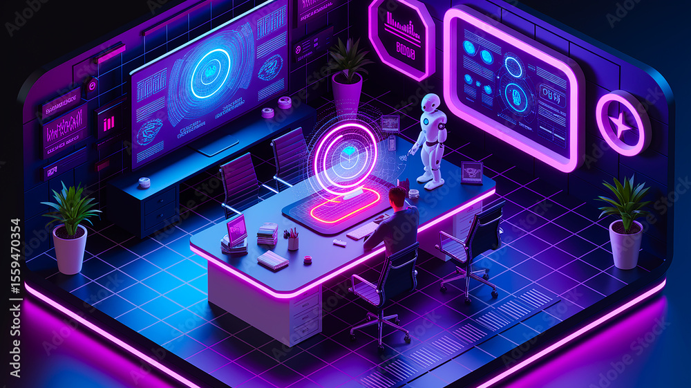 Fototapeta premium Futuristic A I Workspace Glowing Pink Purple Neon Robot