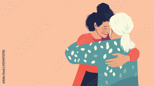 Senior woman and adult female hugging from back flat vector illustration