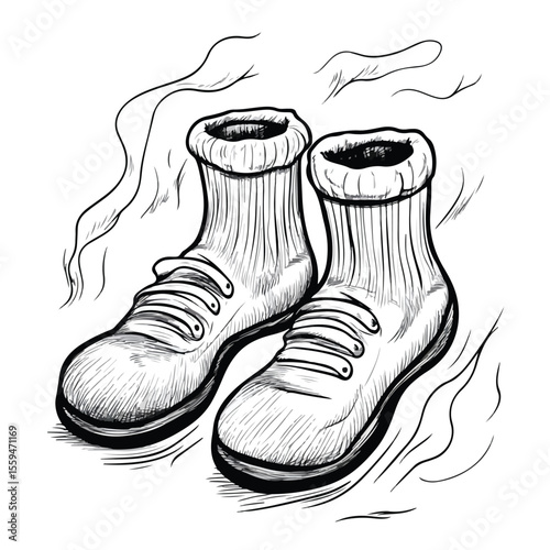 Funny Cartoon Illustration of Bad Smell Socks on Black Background