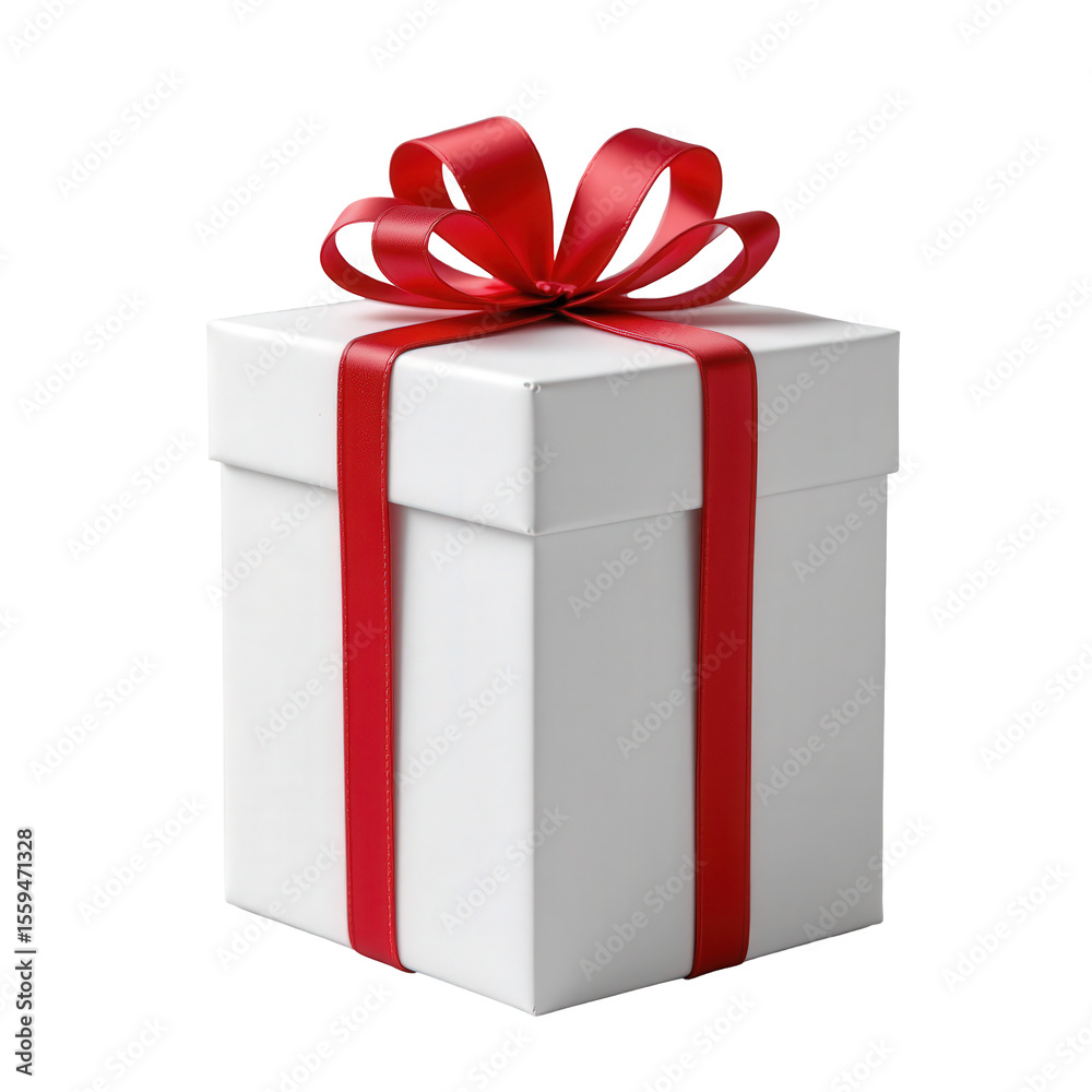 Obraz premium Elegant White Gift Box with Red Ribbon and Bow for Celebrations and Special Occasions