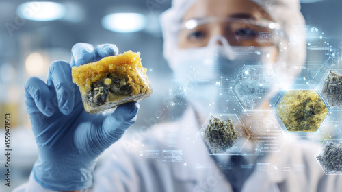 Scientist examines lab grown fermented food sample, showcasing innovation in food technology. background features digital overlays of molecular structures, emphasizing research and development