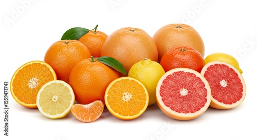 Vibrant citrus fruits gleam brightly against a stark white background. AI Generated