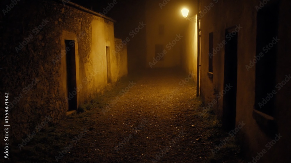 Obraz premium Mysterious narrow street illuminated by a solitary lamp in heavy fog at night