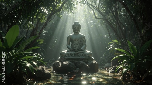 Serene Buddha Statue Amidst Lush Jungle Foliage with Sunbeams, Meditation and Tranquility